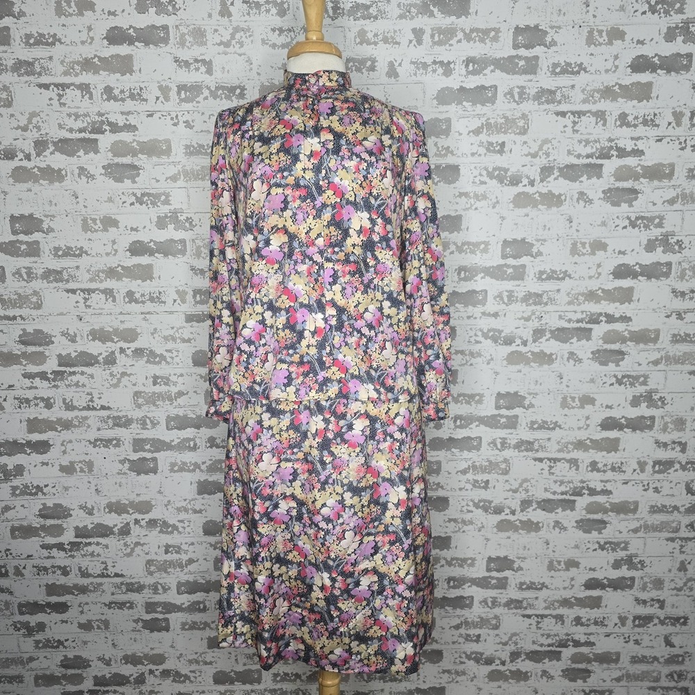 Evan Picone 2 Piece Skirt Set Womens 12 Vintage 1970s Floral 100% Silk Muticolor